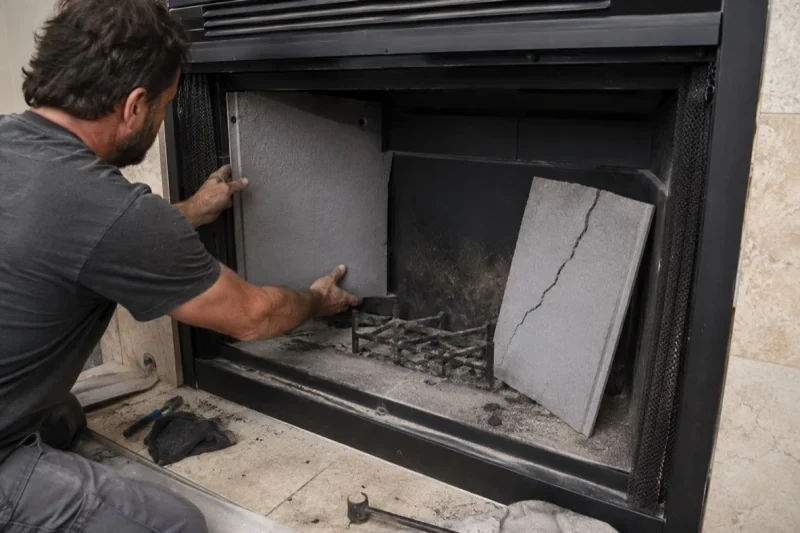 Person holding a grey fireplace panel beside a separate cracked panel