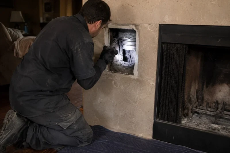 Person shining a flashlight into a rectangular opening beside a fireplace, revealing part of a metal pipe.